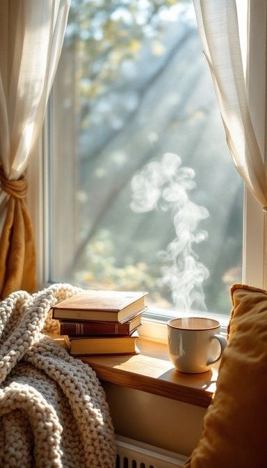 Tasse, Bücher und Decke im sanften Licht eines Fensters